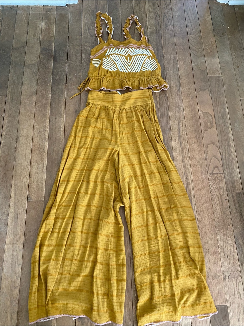 Free People Mustard Yellow Smocked Crop Top & Wide Leg Pants Set